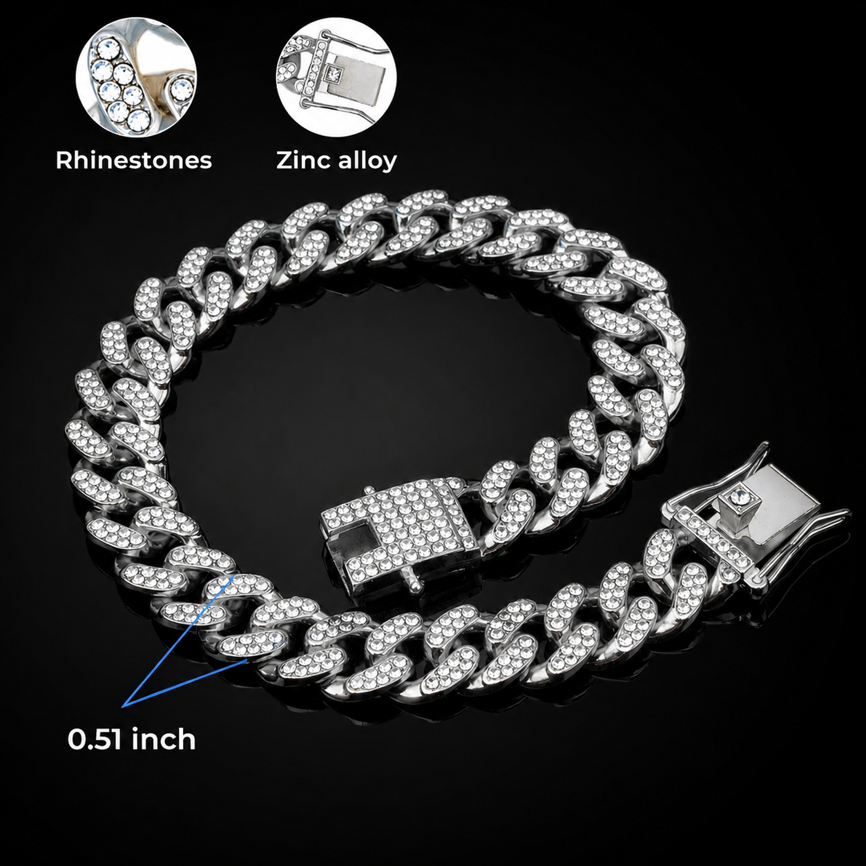 Luxury Silver Dog Chain Collar with Diamond Cuban Links