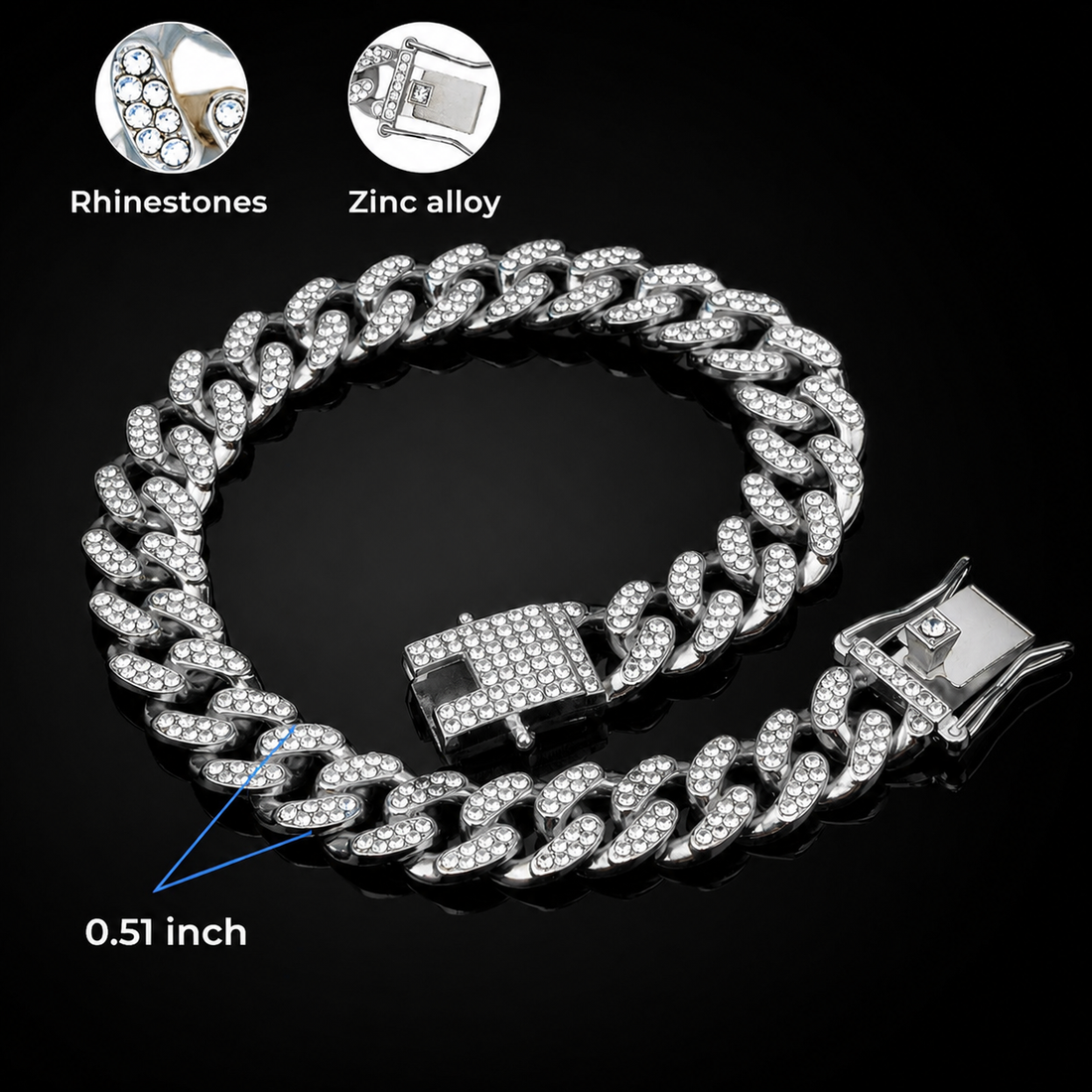 Luxury Silver Dog Chain Collar with Diamond Cuban Links
